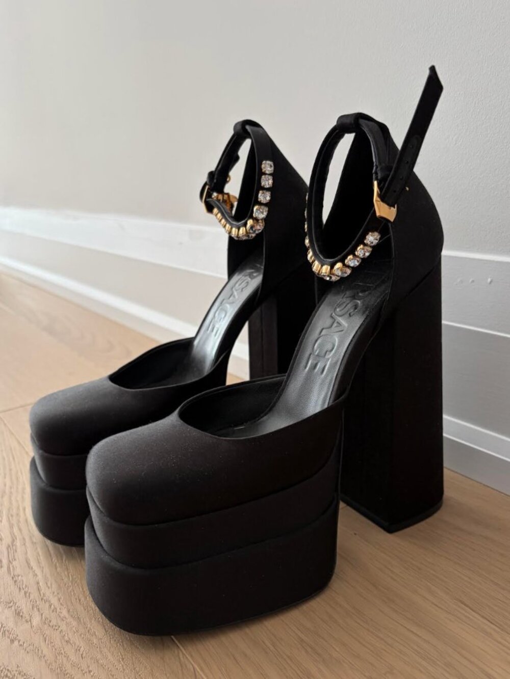 Versace Black Satin Crystal Platform Pumps | New | Size 38